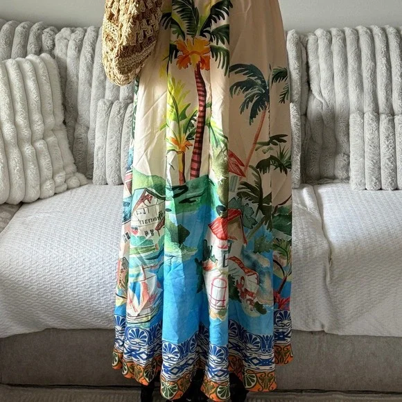 SHEIN Tropical Palm Tree Maxi Dress Halter Neck Resort Wear Size XS - Picture 6 of 7